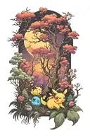 moonlit forest scene with running pokemon tattoo design idea