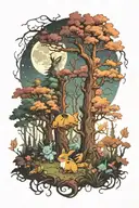 moonlit forest scene with running pokemon tattoo design idea