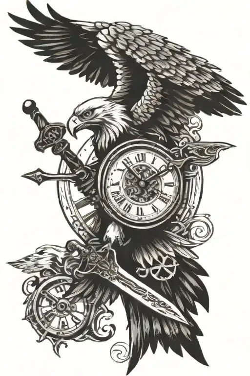 eagle spreading wings with a sword piercing and a clock back symmetrical tattoo design idea