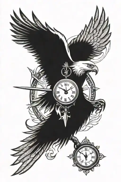 eagle spreading wings with a sword piercing and a clock tattoo design idea