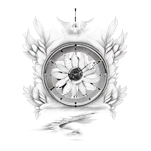 stairs to heaven, dove, angel, dog paw, number 13, clock and also protea flower  tattoo design idea