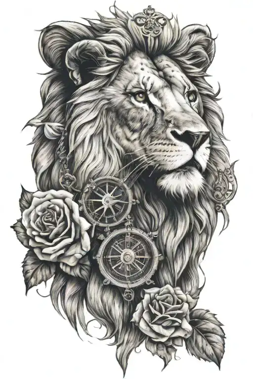 lion with roses and compass tattoo design idea