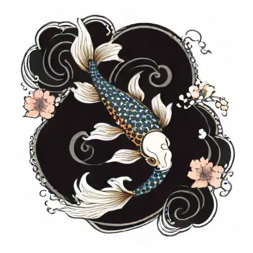 A traditional Japanese koi fish transforming into a mystical octopus with swirling water and sakura petals tattoo design idea