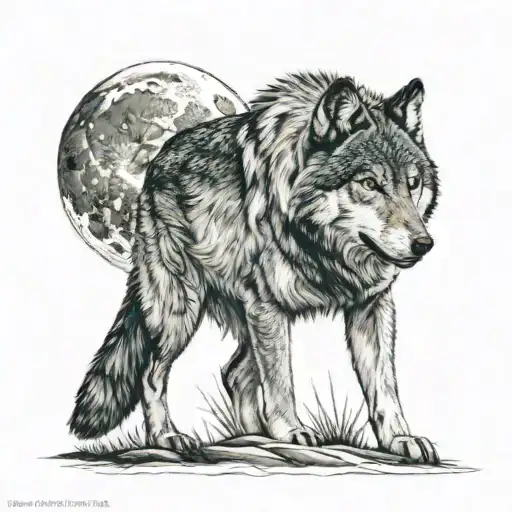 gray wolf and moon star tattoo design idea