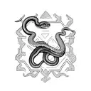 An aggressive snake wrapping itself around a Greek column, rendered in a dotwork style for added depth and texture tattoo design idea