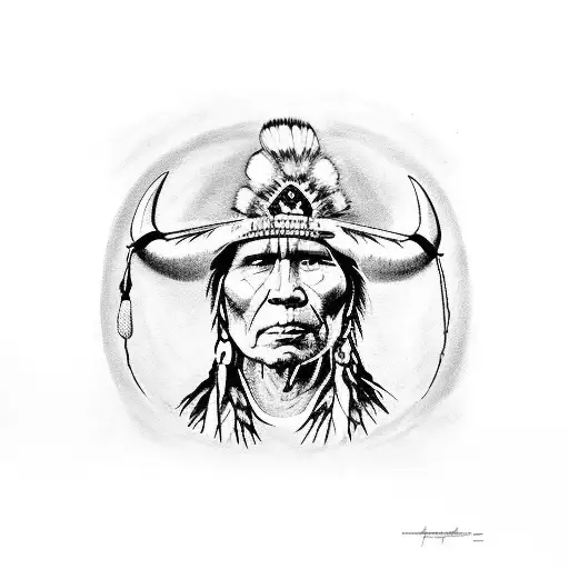 Native American chief wearing a cowboy hat and holding a bull skull tattoo design idea