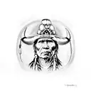 Native American chief wearing a cowboy hat and holding a bull skull tattoo design idea