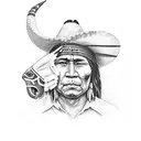 Native American chief wearing a cowboy hat and holding a bull skull tattoo design idea