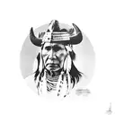 Native American chief wearing a cowboy hat and holding a bull skull tattoo design idea