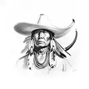 Native American chief wearing a cowboy hat and holding a bull skull tattoo design idea