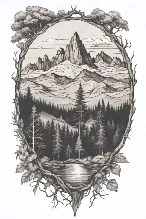 Forest with mountains filled with trees tattoo design idea