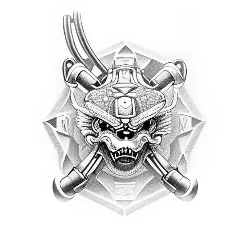 An intricate design combining gym equipment with elements from Helldivers2 tattoo design idea