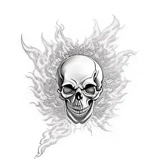 Fear-inducing skull tattoo of a skeletal soldier emerging from a fiery battlefield tattoo design idea