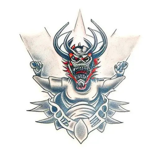 Traditional tattoo design showcasing a fearsome demon holding a military tank tattoo design idea