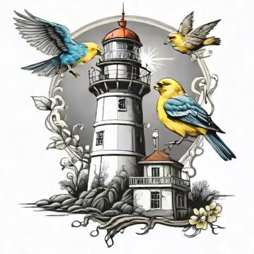 yellow canary and lighthouse tattoo design idea