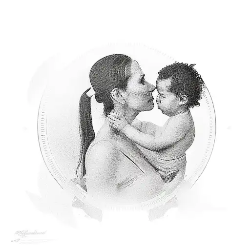 mother and baby silhouette. the name Kai Austria and the date October 22, 2022 tattoo design idea