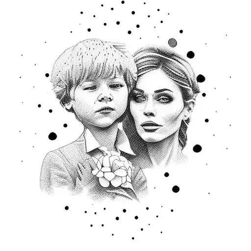 mother and son silhouette. colourful flowers. the name Kai Austria tattoo design idea