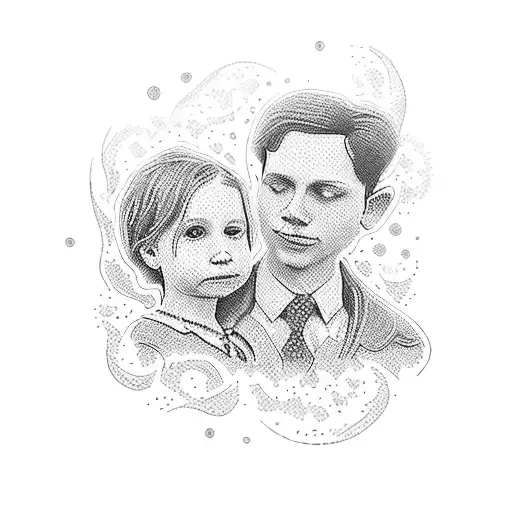 mother and son silhouette. colourful flowers. the name Kai Austria tattoo design idea