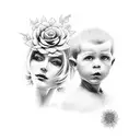 mother and son silhouette. colourful flowers. the name Kai Austria tattoo design idea