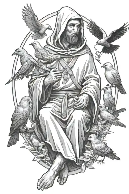 St Francis of Assisi with hood up sitting with animals with birds flying up tattoo design idea