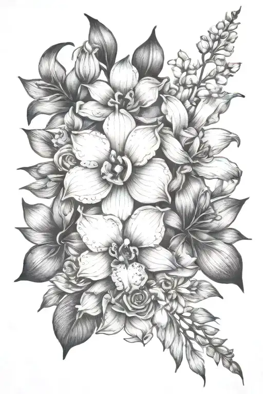 Rose, orchid, snapdragon bouquet long tattoo design idea