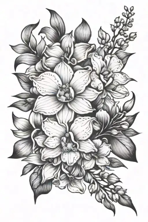 Rose, orchid, snapdragon bouquet tattoo design idea