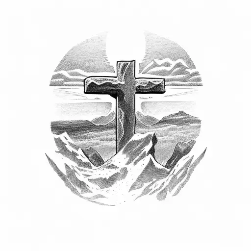 roman catholic cross with 3 mountains in background tattoo design idea