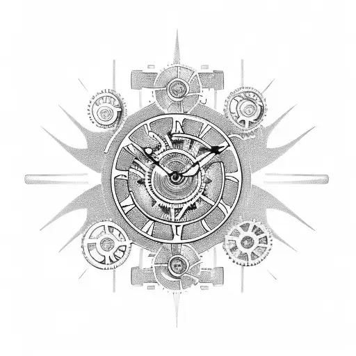A futuristic clock with gears and cogs intertwined with a phoenix tattoo design idea