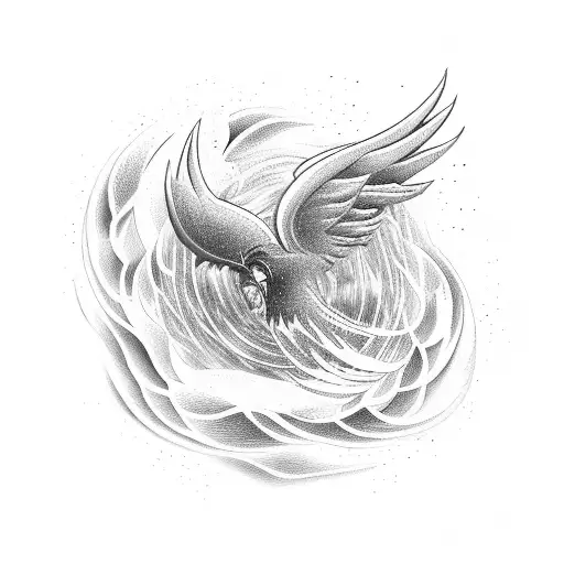 An abstract representation of time flowing like a river, with a phoenix rising from it tattoo design idea