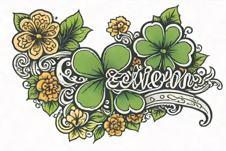 the name Evelyn with 4 leaf clover tattoo design idea