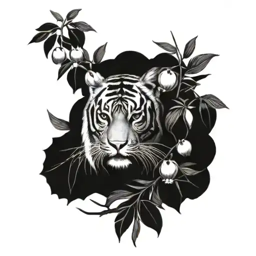 A tattoo resembling a tiger surrounded by lush pomegranate and olive trees tattoo design idea