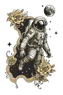 astronaut with the moon and flowers   tattoo design idea