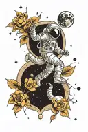 astronaut with the moon and flowers   tattoo design idea