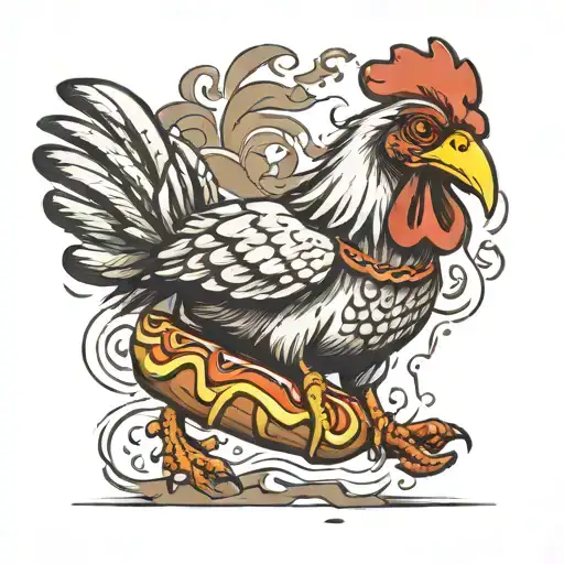 chicken running with a hot dog   tattoo design idea