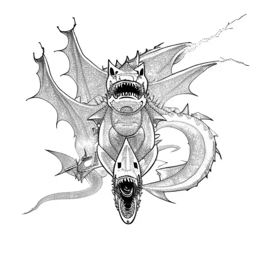 Dragon with lightning breath fighting a shark tattoo design idea