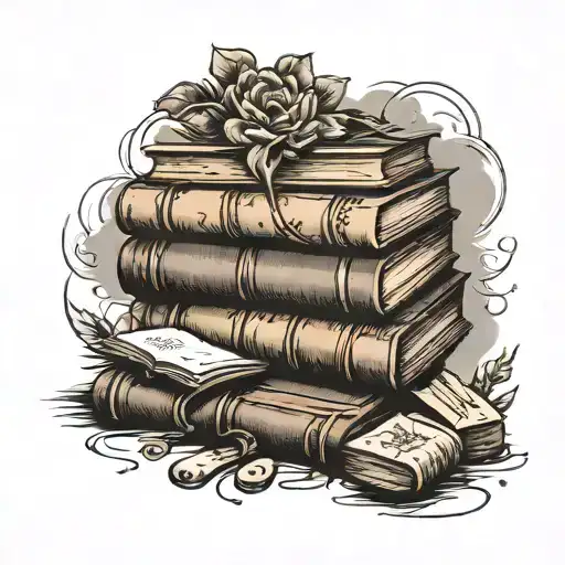 rustic stack of books surrounded tattoo design idea