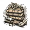 rustic stack of books surrounded tattoo design idea