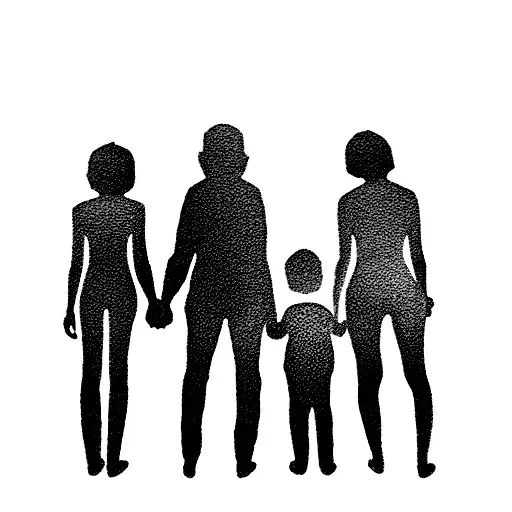 Family of 4, holding hands and showing their backs, two of the family members are kids, one younger boy and older sister tattoo design idea