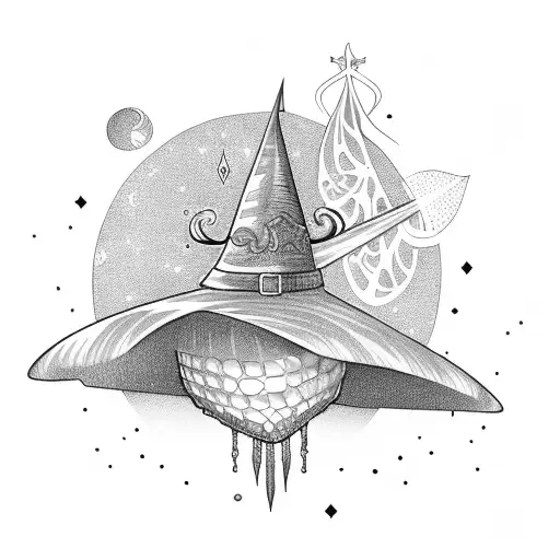 witches hat with crystals behind it tattoo design idea