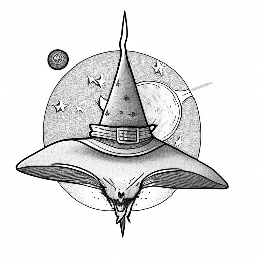 witches hat with crystals behind it tattoo design idea