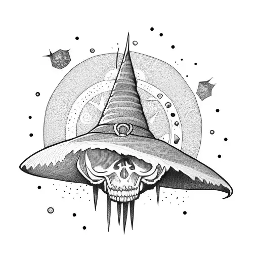 witches hat with crystals behind it tattoo design idea