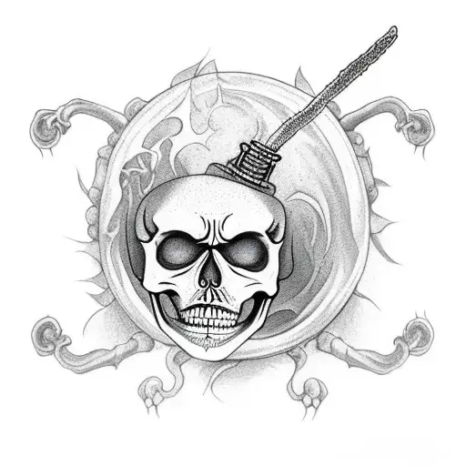 a full body skeleton making a potion in a cauldron tattoo design idea