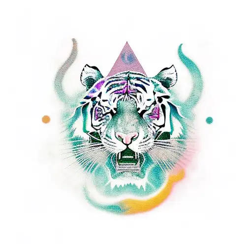 A mystical tiger surrounded by swirling potions and spell books tattoo design idea