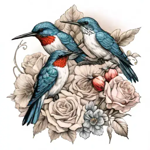2 humming birds flying around light pink roses, red poppies and blue delphiums. tattoo design idea