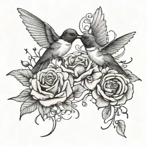 2 hummingbirds flying around pink roses and red poppies tattoo design idea