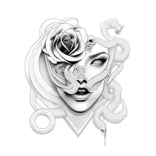 face woman cross with serpent and rose, arround him difuse and degrade designs tattoo design idea