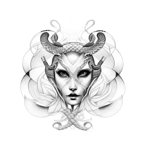 woman's face cross with snake and rose, diffuse and gradient designs around it tattoo design idea