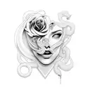 face woman cross with serpent and rose, arround him difuse and degrade designs tattoo design idea