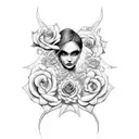 face woman cross with serpent and rose, arround him difuse and degrade designs tattoo design idea