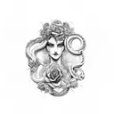 face woman cross with serpent and rose, arround him difuse and degrade designs tattoo design idea
